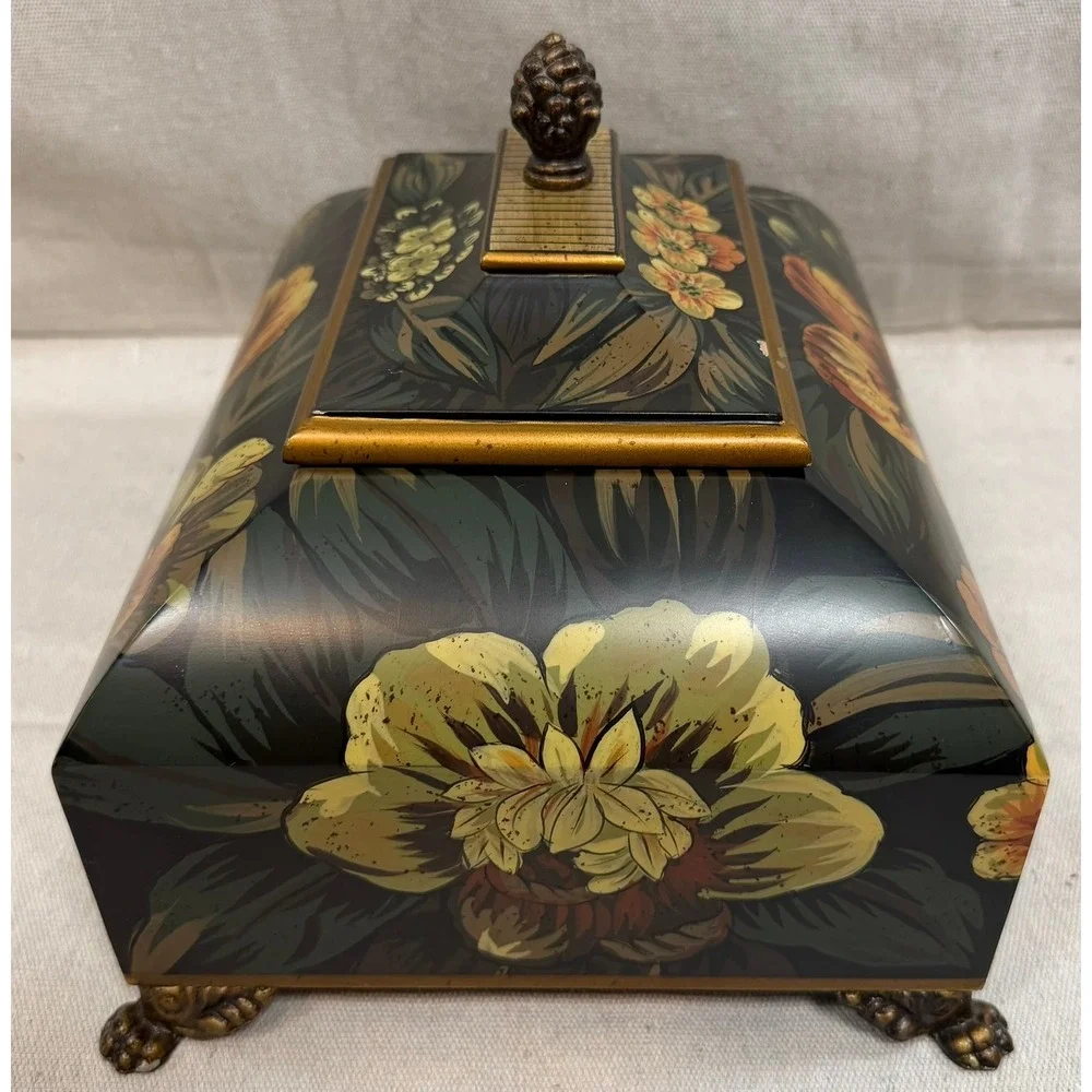 Vintage Floral Hand Painted Decorative Jewelry Box Lion Paw Feet Pinecone Finial